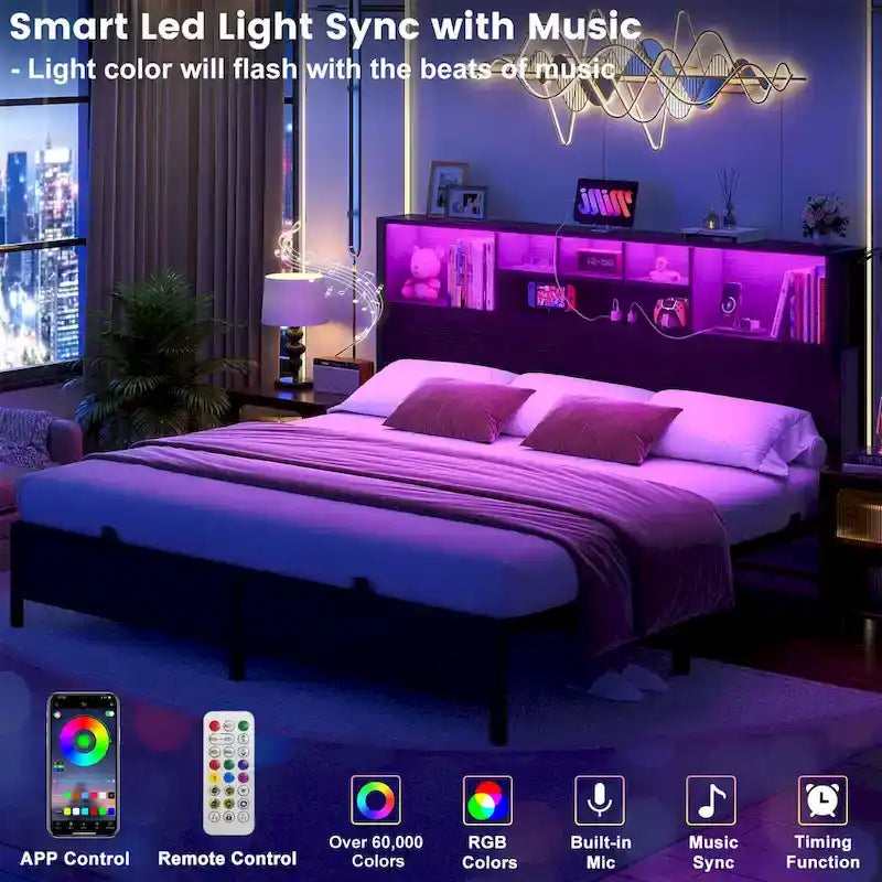 Cadre de lit avec tête de lit bibliothèque, cadre de lit plateforme en métal avec station de recharge et éclairage LED