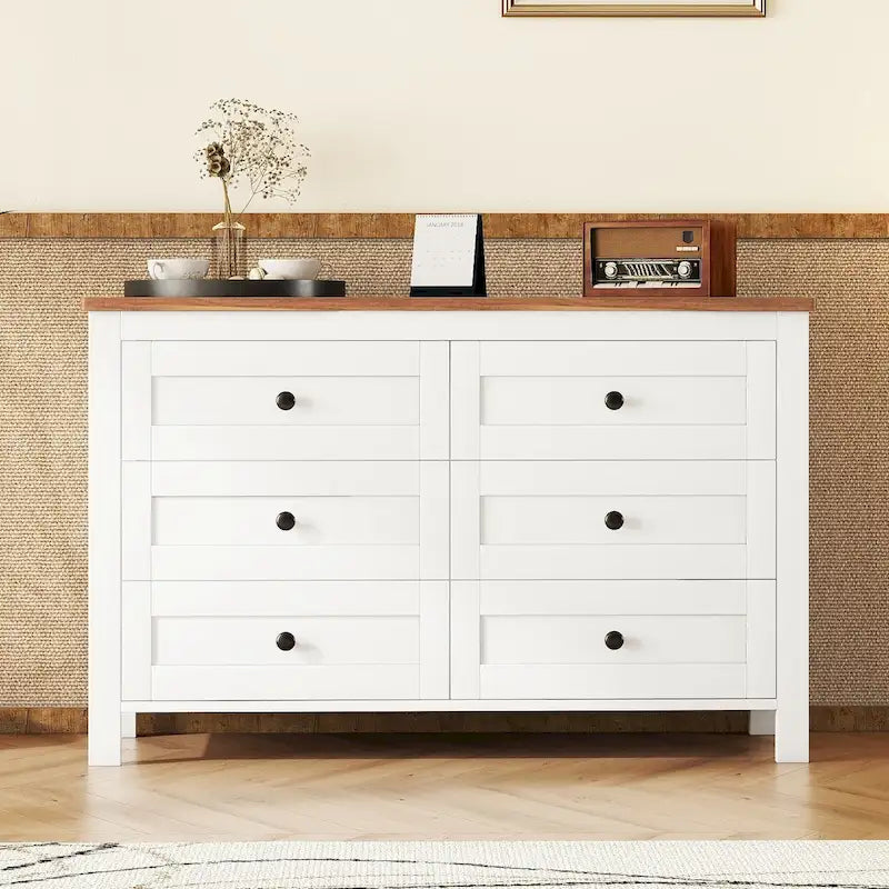 Commode en bois de style ferme rétro avec 6 tiroirs, meuble de rangement pour chambre à coucher