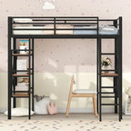 Twin Size Metal Loft Bed with Shelves and Desk