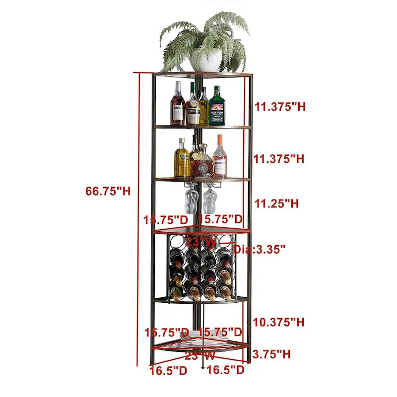 Casier à vin d'angle avec étagères en bois, supports à verres à pied et casier à vin en fil métallique
