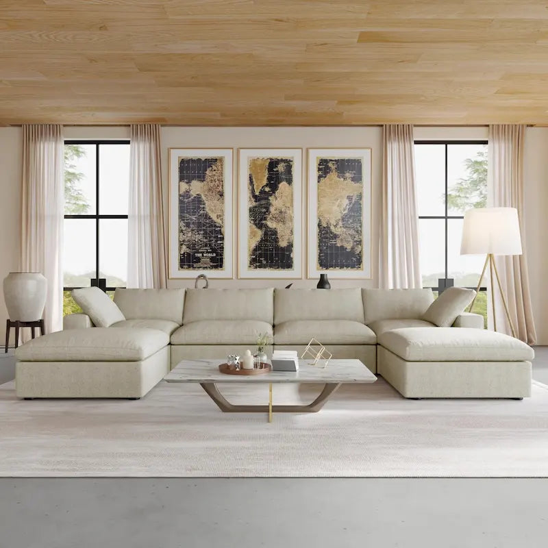 Canapé d'angle convertible modulable 6 places en forme de U pour salon