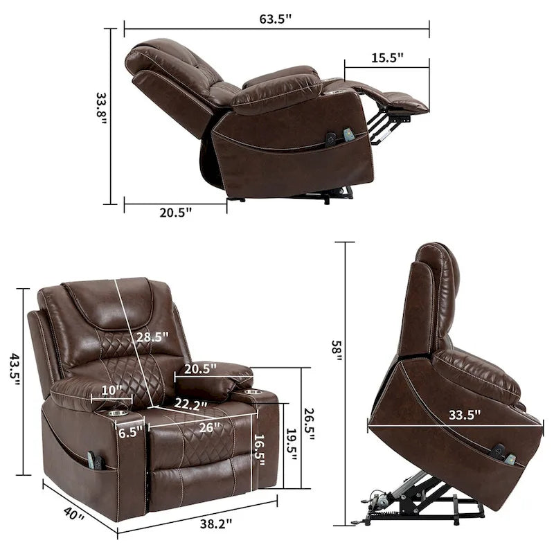 Fauteuil inclinable électrique releveur en cuir PU avec massage et chauffage pour personnes âgées