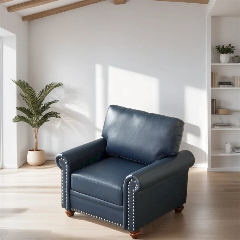 Fauteuil en cuir une place avec pieds en bois et décoration cloutée