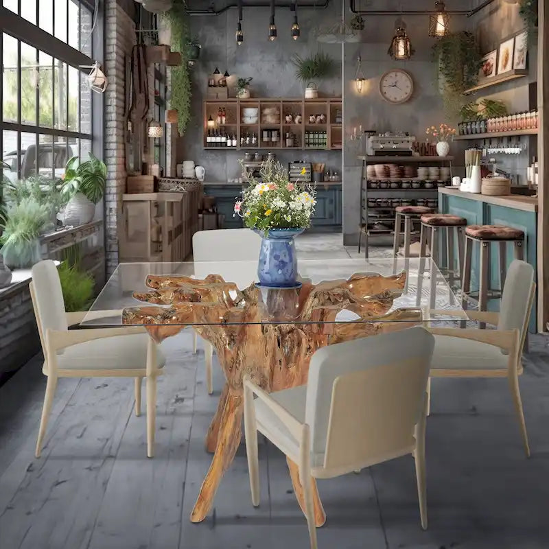Table de salle à manger en racine de teck avec plateau en verre carré de 109 cm