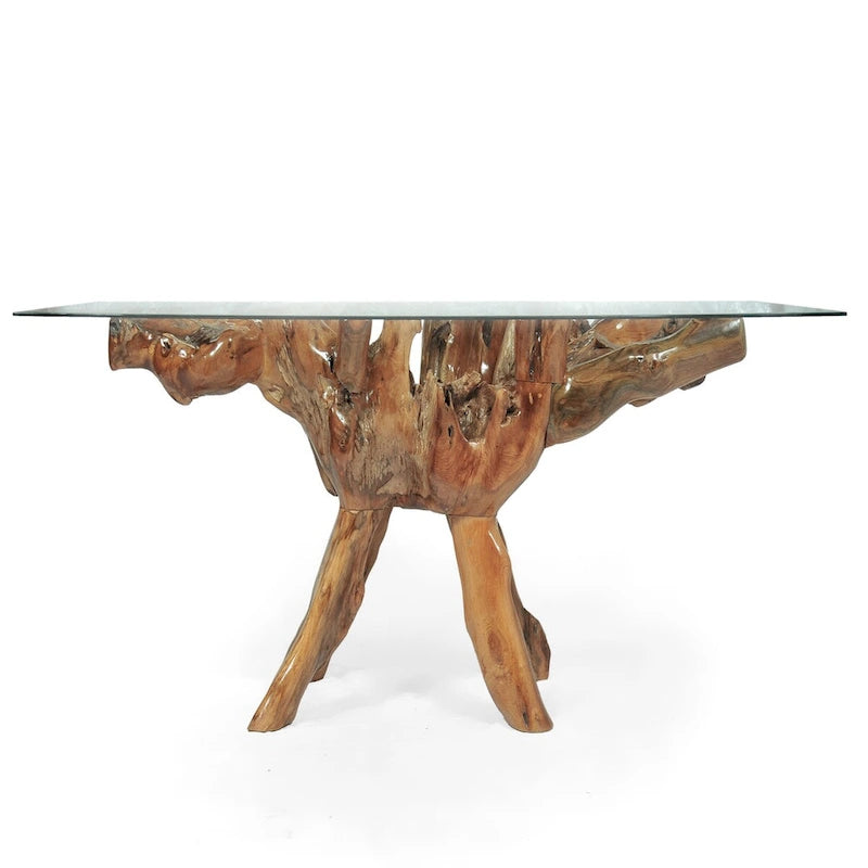 Table de salle à manger en racine de teck avec plateau en verre carré de 109 cm
