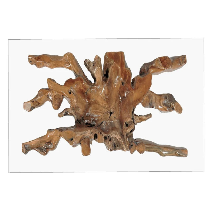 Table de salle à manger en racine de teck avec plateau en verre carré de 109 cm