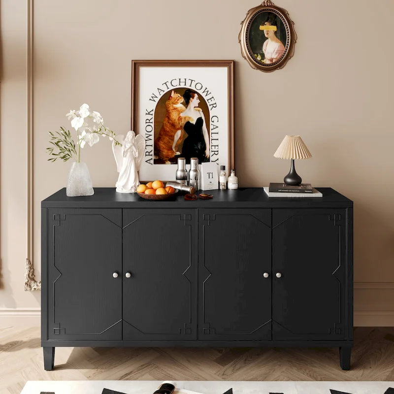 Buffet/meuble de rangement d'appoint moderne en bois noir mat à 4 portes de 152 cm (60 po)