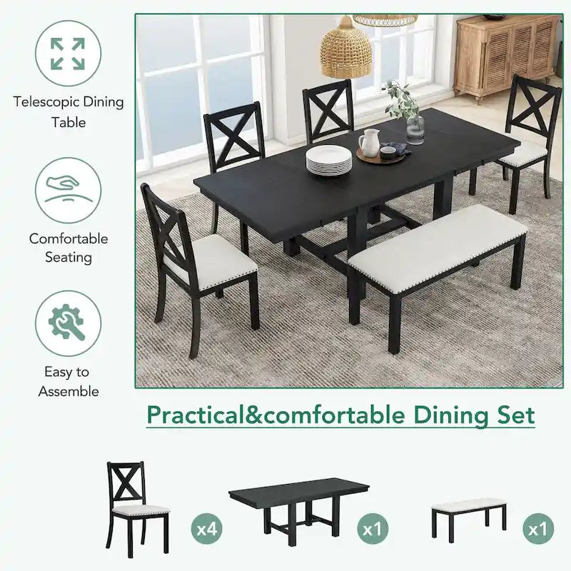Ensemble de salle à manger extensible 6 pièces avec 4 chaises et banc