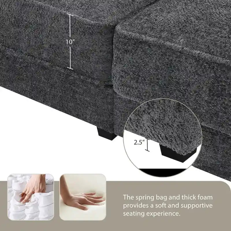 Ensemble canapé-lit d'angle convertible modulable 4 places, revêtement capitonné, assise profonde, pouf, gris