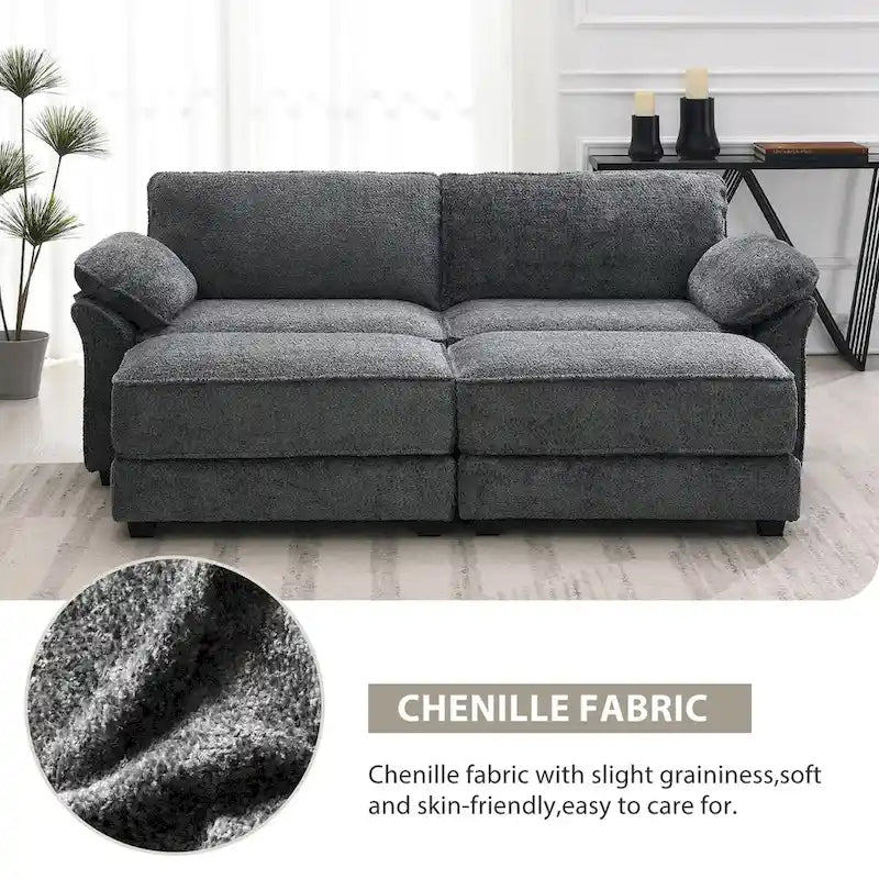 Ensemble canapé-lit d'angle convertible modulable 4 places, revêtement capitonné, assise profonde, pouf, gris