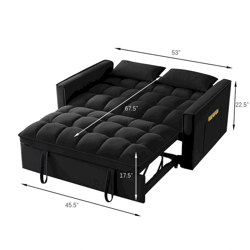 Canapé convertible deux places avec dossier réglable et poches de rangement