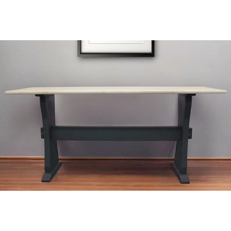 HomeRoots 70 Ivory and Black Genuine Marble Trestle Console Table - 70