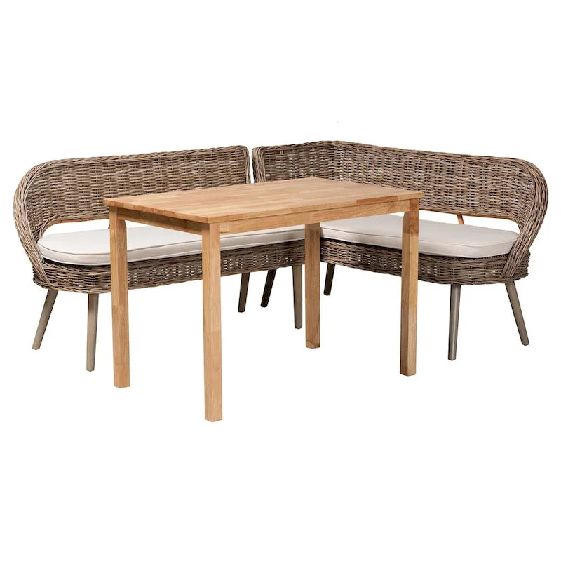 Ensemble coin repas Raisa style bohème moderne, banc en rotin kubu naturel et table en bois