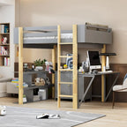 Lit mezzanine en bois avec armoire de rangement intégrée, cubes et bureau pliable