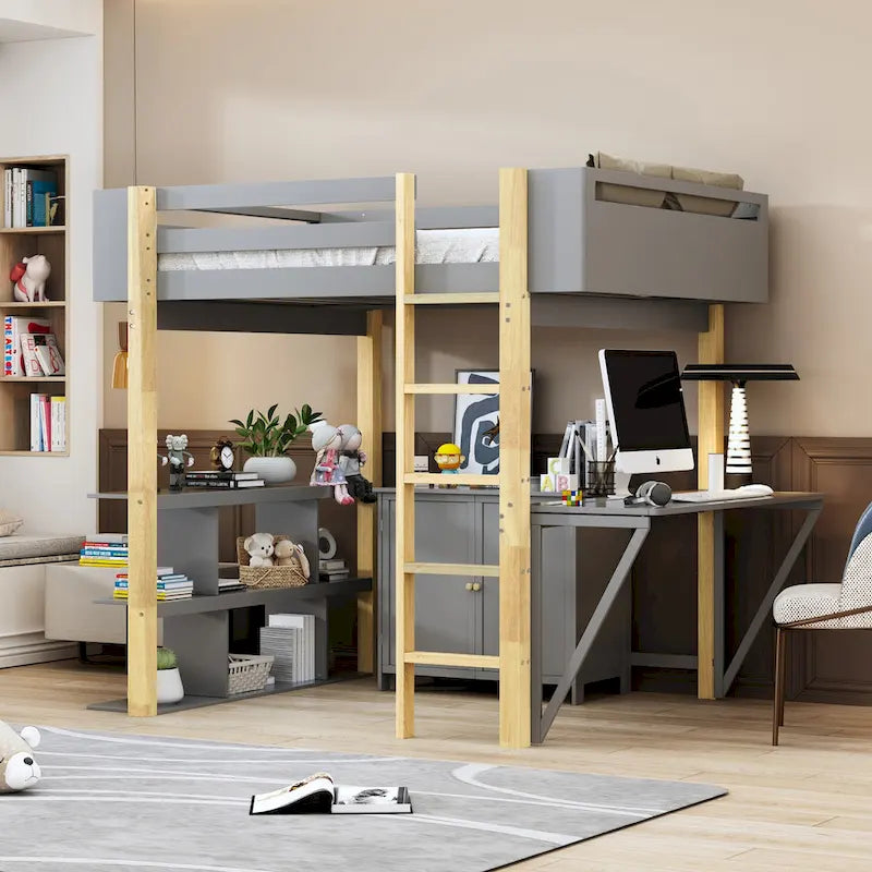 Lit mezzanine en bois avec armoire de rangement intégrée, cubes et bureau pliable