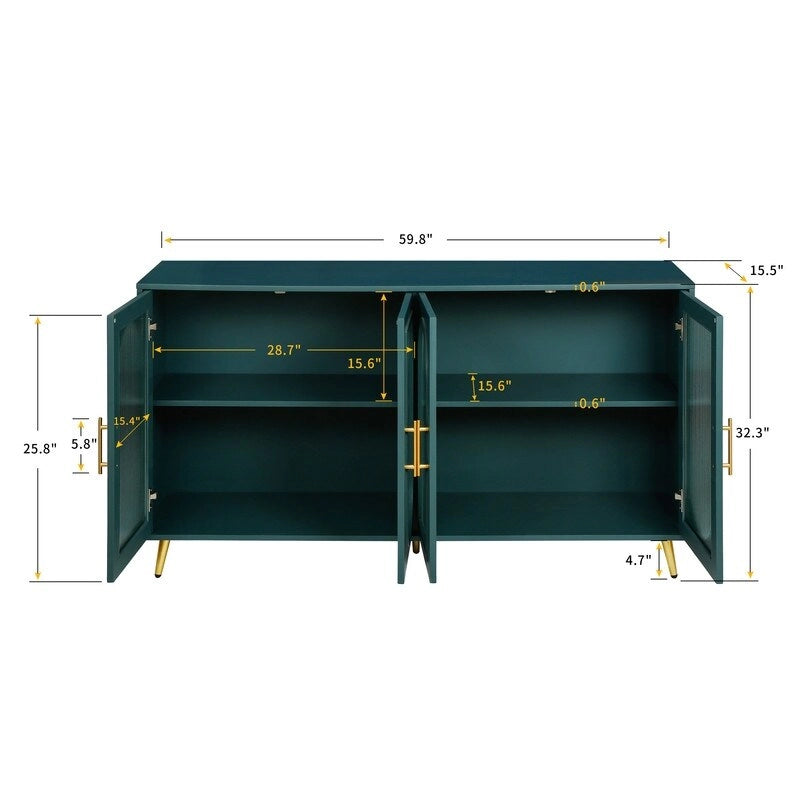 Buffet Grondin de style moderne du milieu du siècle, 152 cm de large, avec portes en verre trempé cannelé et étagères réglables