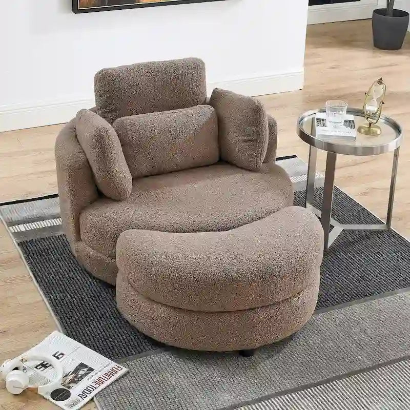 Fauteuil pivotant surdimensionné 39W, pouf de rangement lune, canapé deux places pivotant rond, fauteuil relax, 4 coussins
