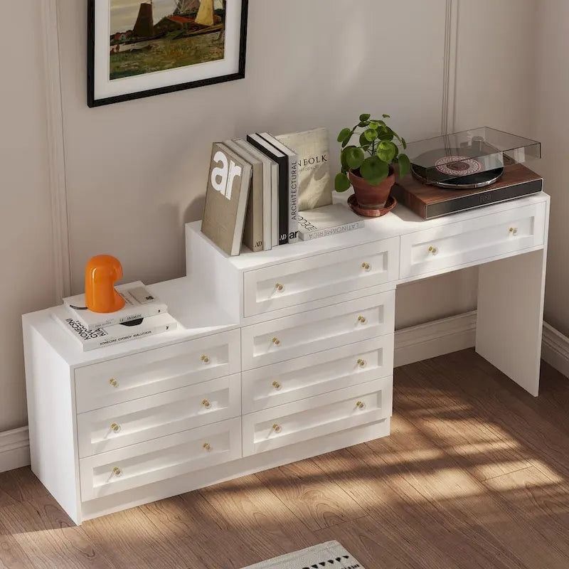 Commode et coiffeuse blanches, solution de rangement polyvalente, bureau en cristal
