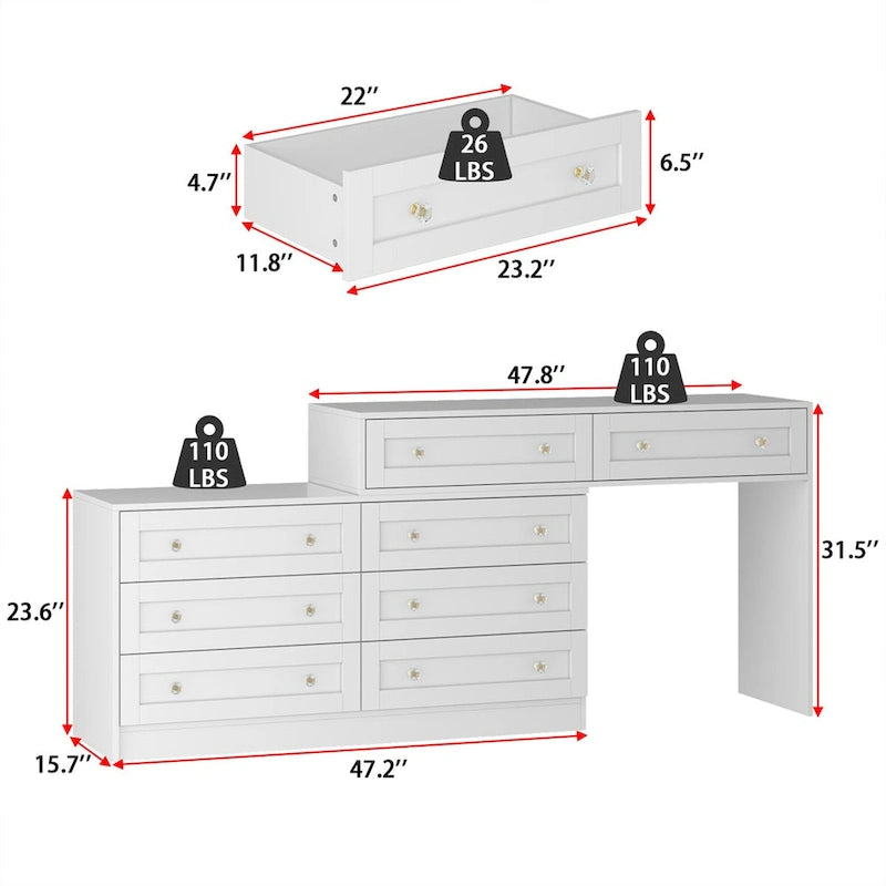 Commode et coiffeuse blanches, solution de rangement polyvalente, bureau en cristal