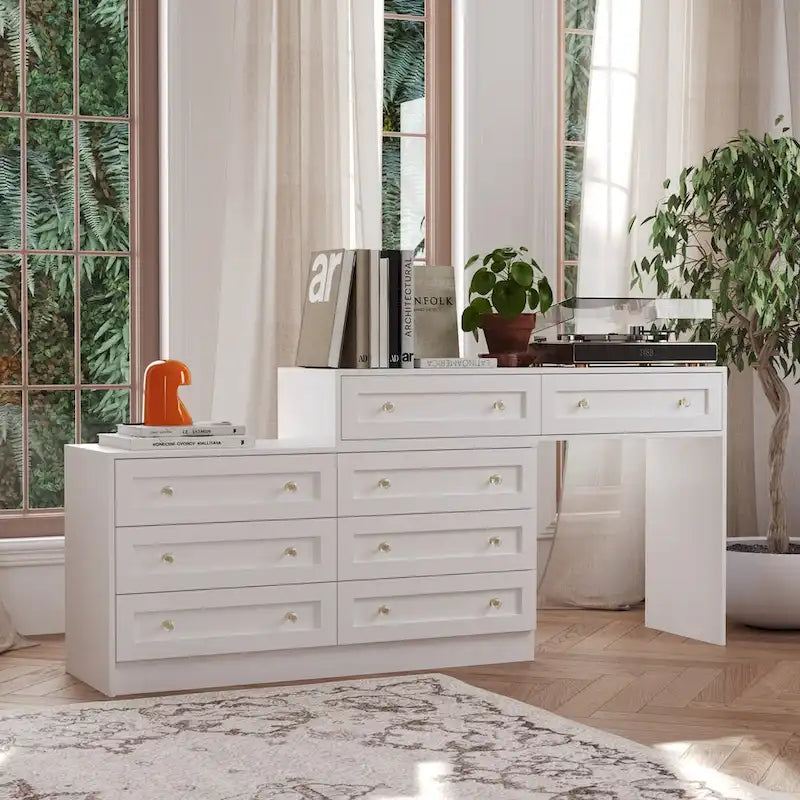Commode et coiffeuse blanches, solution de rangement polyvalente, bureau en cristal