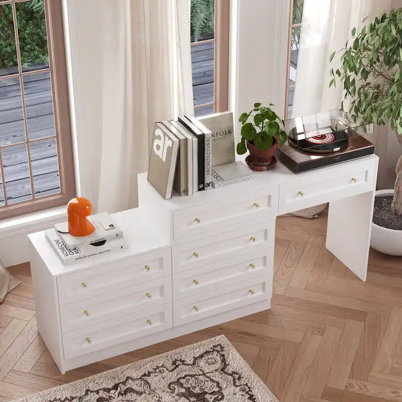Commode et coiffeuse blanches, solution de rangement polyvalente, bureau en cristal