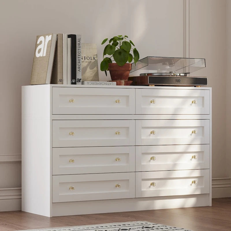 Commode et coiffeuse blanches, solution de rangement polyvalente, bureau en cristal