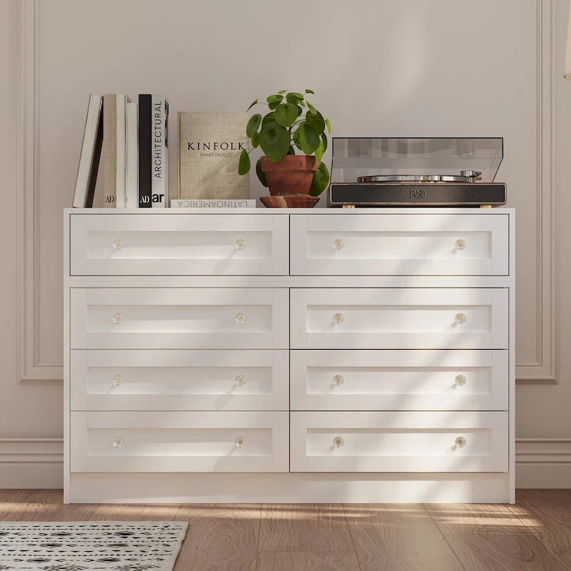 Commode et coiffeuse blanches, solution de rangement polyvalente, bureau en cristal