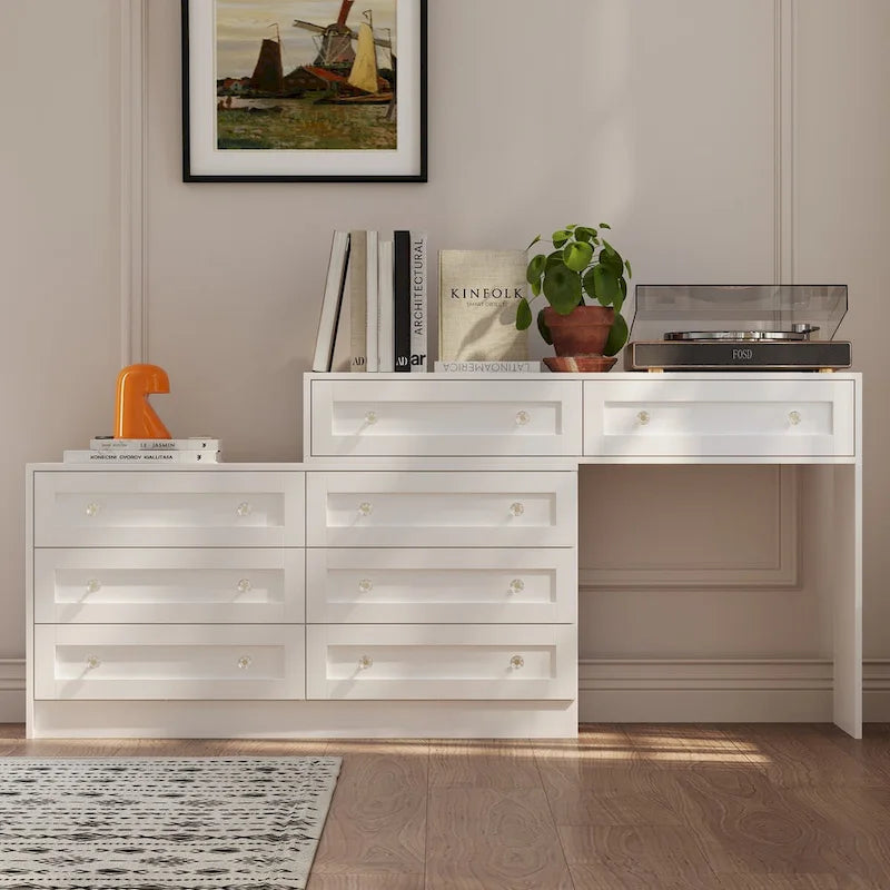 Commode et coiffeuse blanches, solution de rangement polyvalente, bureau en cristal