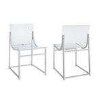Ensemble de 2 chaises de salle à manger, l'une transparente et l'autre chromée.