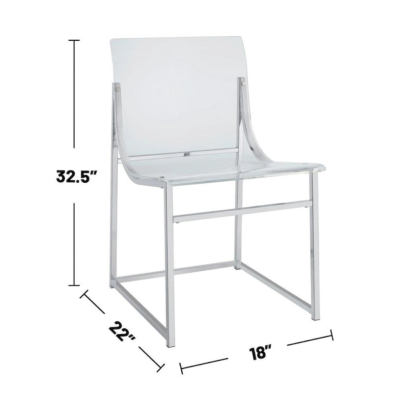 Ensemble de 2 chaises de salle à manger, l'une transparente et l'autre chromée.