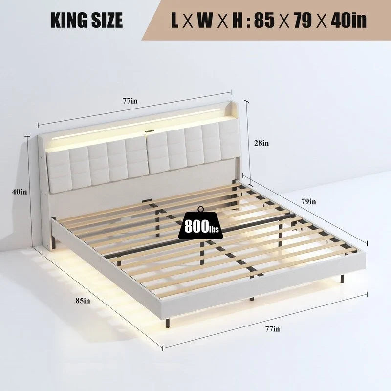 Lit plateforme flottant rembourré King Size avec lumière LED et station de recharge