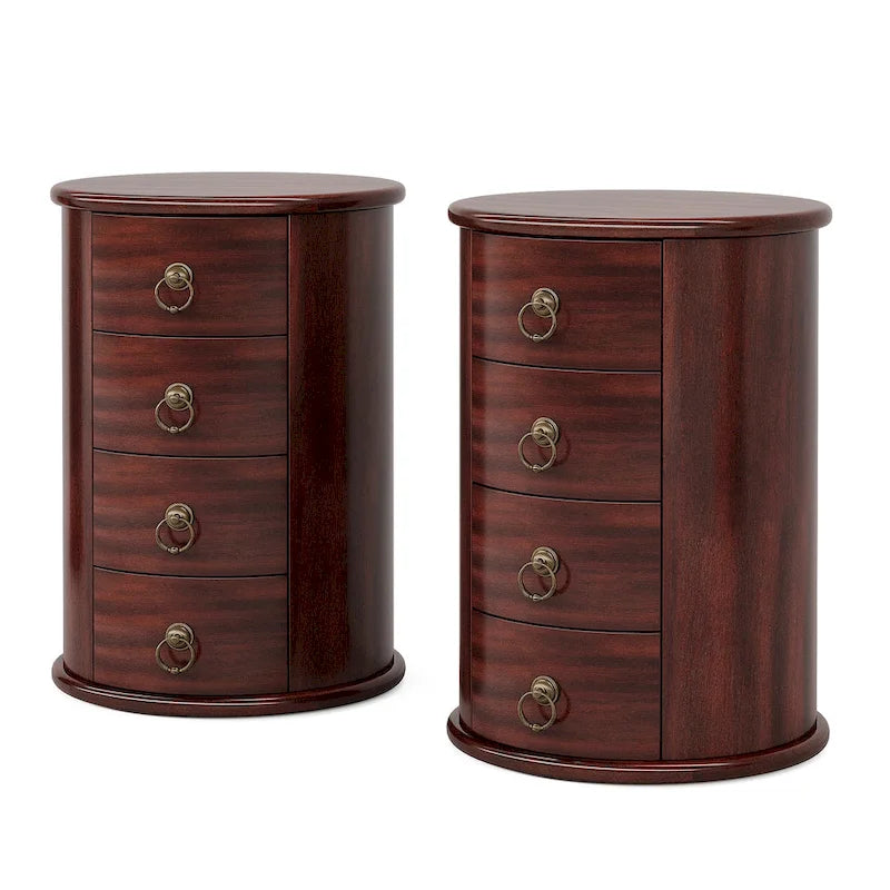 Table d'appoint ronde vintage en bois massif, sans assemblage, avec tiroirs latéraux.