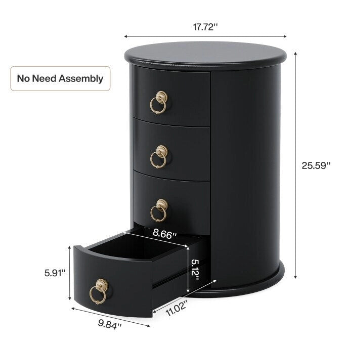 Table d'appoint ronde vintage en bois massif, sans assemblage, avec tiroirs latéraux.