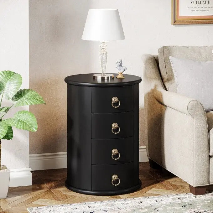 Table d'appoint ronde vintage en bois massif, sans assemblage, avec tiroirs latéraux.