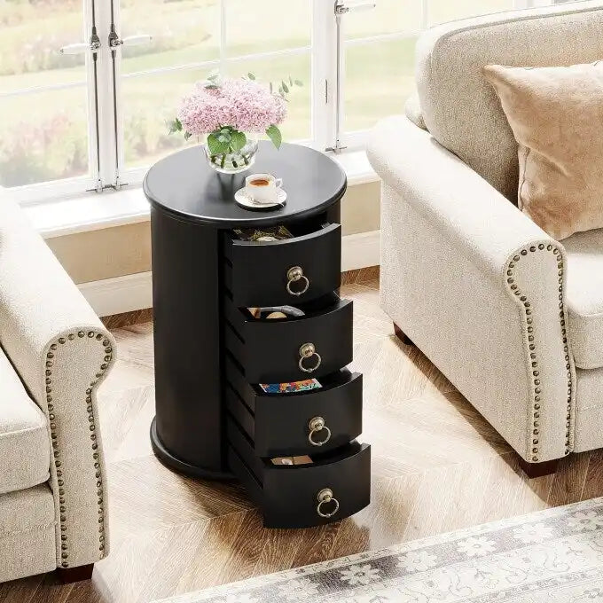 Table d'appoint ronde vintage en bois massif, sans assemblage, avec tiroirs latéraux.