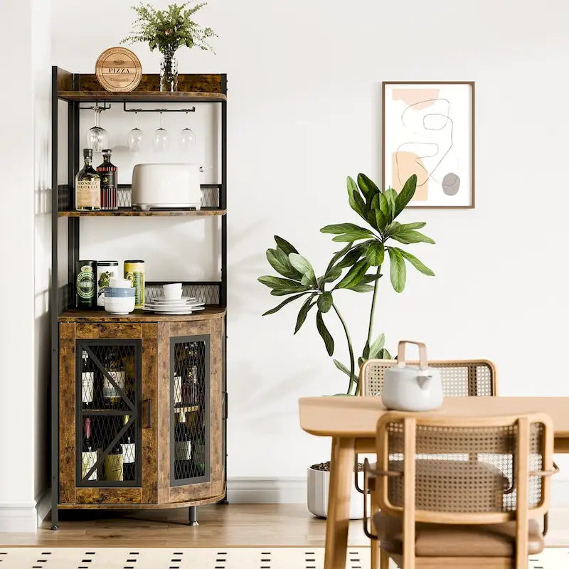 Cave à vin d'angle à 5 niveaux avec éclairage LED et porte-verres