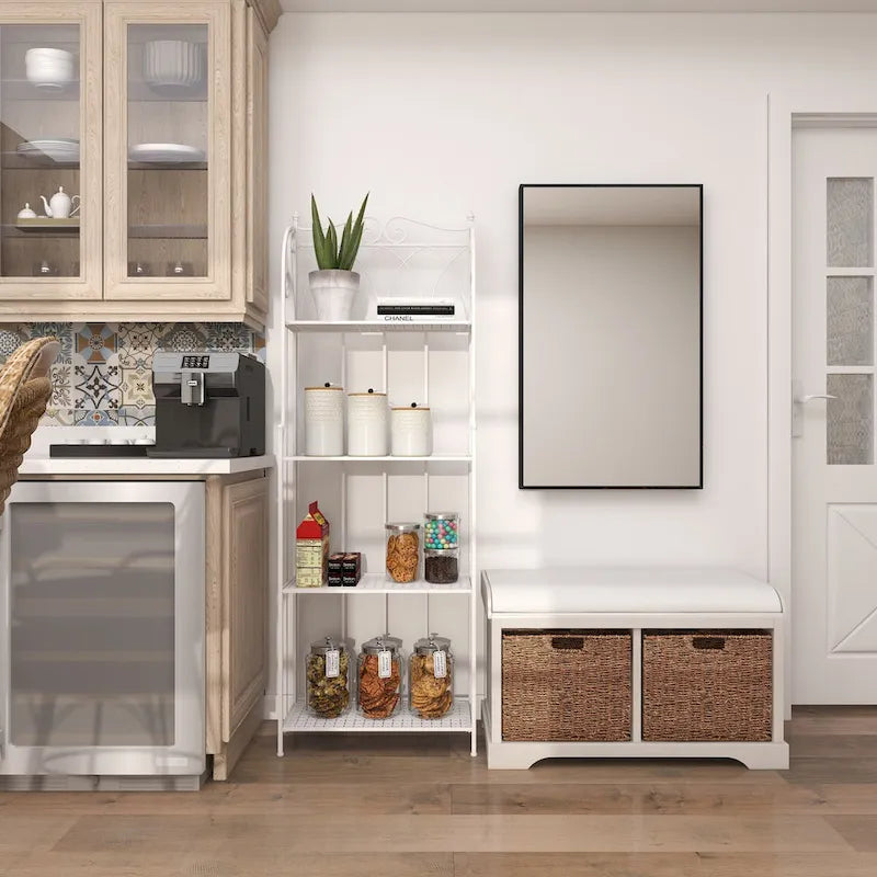 Banc de rangement en bois avec paniers en jonc de mer brun et assise rembourrée - Blanc - Roche River Decor