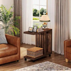 Table d'appoint mobile en forme de C à 2 niveaux, idéale pour canapé et lit, avec roulettes verrouillables.