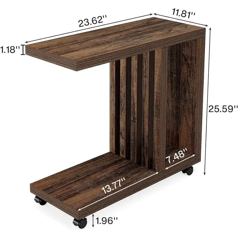 Table d'appoint mobile en forme de C à 2 niveaux, idéale pour canapé et lit, avec roulettes verrouillables.